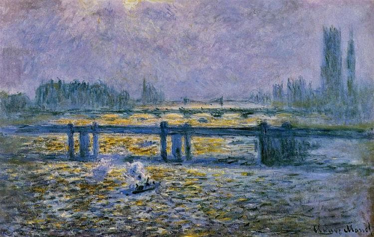 Charing Cross Bridge, Reflections on the Thames, dipinto di Claude Monet nei toni viola e oro