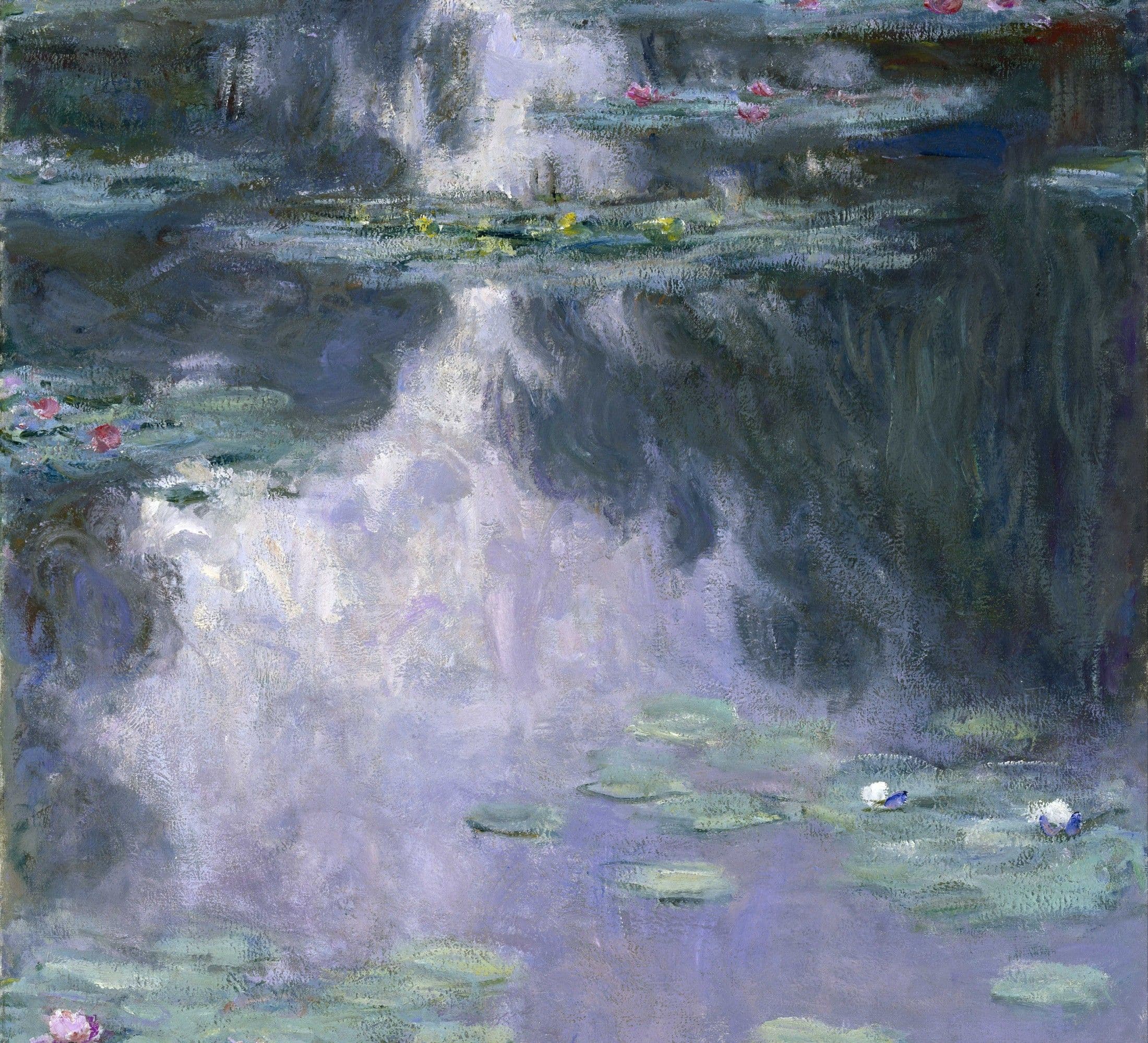 Dettaglio di Nymphéas di Claude Monet, pennellate materiche nei toni lavanda e verde salvia